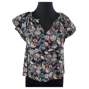 Roan + Ryan Black Multi Floral Paisley V-Neck Ladder Lace Flutter Sleeve Top XS